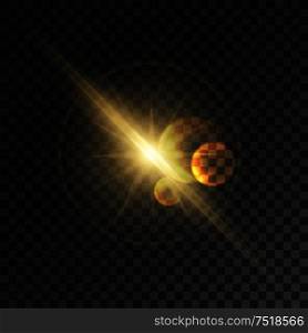Glowing light flash. Space star burst explosion with lens flare effect. Sparkling vector sun rays and bright golden beams. Transparent background. Glowing light flash. Sparkling golden sun rays