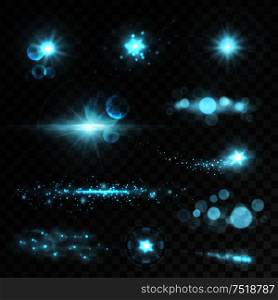 Glowing light flashes set. Blue sparkling stars with lens flare effect on transparent background. Vector shining neon elements. Glowing light flashes set. Blue sparkling stars