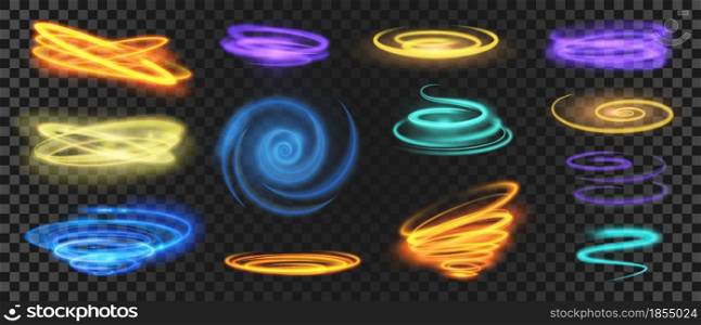 Glowing light spirals, circles, swirls and speed motion effect. Realistic shiny neon trail curves. Magic energy rings and waves vector set. Luminous glitter bright colorful lines and twirls