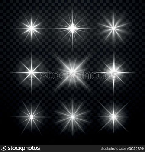 Glowing light vector effects, stars bursts with sparkles. Glowing light effects, stars bursts with sparkles isolated on transparent checkered background. Vector illustration