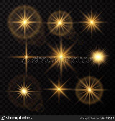 Glowing lights and stars. Isolated on black transparent background. Vector illustration, eps 10.