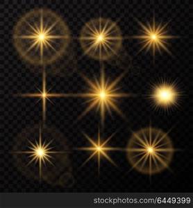 Glowing lights and stars. Isolated on black transparent background. Vector illustration, eps 10.