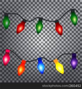Glowing lights for Holiday greeting card design. Set of color garlands on transparent background. Vector illustration.. Glowing lights for Holiday greeting card design.