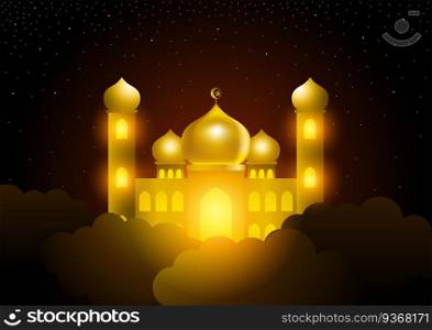 Glowing mosque on the sky, Islamic theme, Ramadan greeting card vector illustration