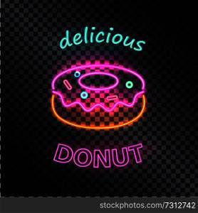 Glowing neon banner with pretty delicious donut, vector illustration isolated on transparent backdrop, cute bakery, flare text sample, curved lines. Glowing Neon Banner with Pretty Delicious Donut