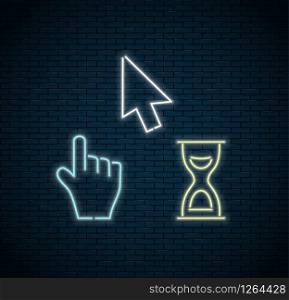 Glowing neon cursors icons - arrow, hourglass, hand mouse. Vector illustration
