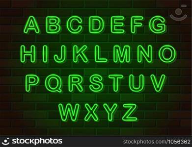 glowing neon letters english alphabet vector illustration on brick wall background