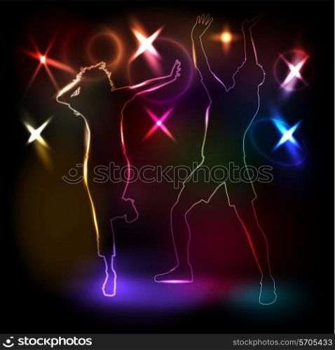 Glowing neon outlines of people dancing on lights background