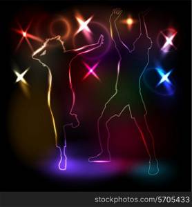 Glowing neon outlines of people dancing on lights background