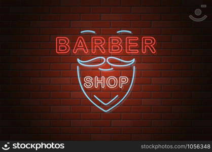 glowing neon signboard barber shop vector illustration on brick wall background