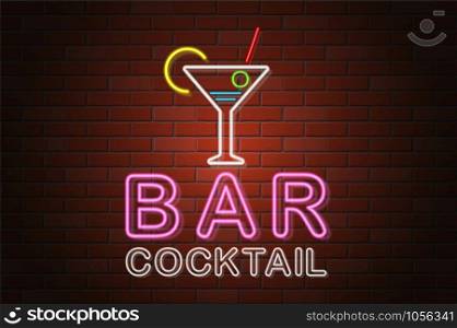 glowing neon signboard beer bar vector illustration on brick wall background