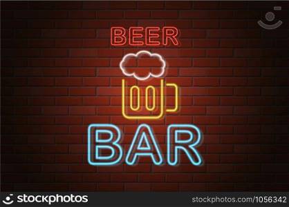glowing neon signboard beer bar vector illustration on brick wall background