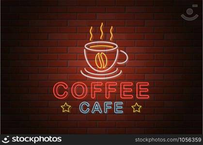 glowing neon signboard coffee cafe vector illustration isolated on white background