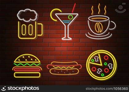 glowing neon signboard fast food and drink vector illustration isolated on white background