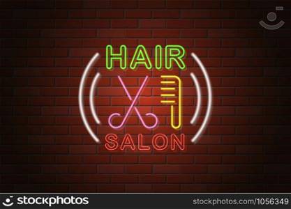 glowing neon signboard hair salon vector illustration on brick wall background