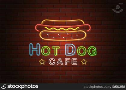 glowing neon signboard hotdog cafe vector illustration on brick wall background