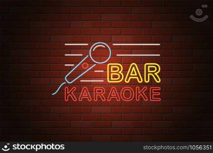 glowing neon signboard karaoke bar vector illustration on brick wall background