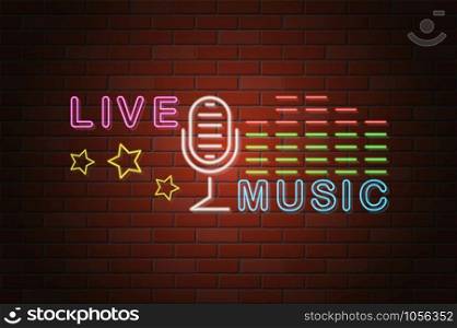 glowing neon signboard live music vector illustration on brick wall background
