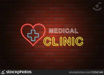 glowing neon signboard medical clinic vector illustration on brick wall background