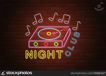 glowing neon signboard nightclub vector illustration on brick wall background