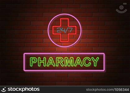 glowing neon signboard pharmacy vector illustration on brick wall background