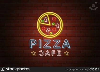 glowing neon signboard pizza cafe vector illustration on brick wall background