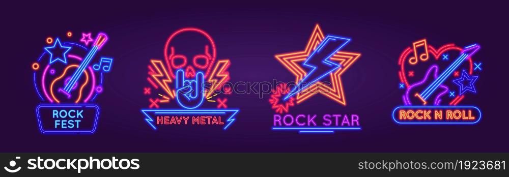 Glowing neon signboards for rock festival, band or club logo. Light sign for rock n roll music party with punk skull and guitars vector set. Acoustic and electric musical instruments for heavy metal. Glowing neon signboards for rock festival, band or club logo. Light sign for rock n roll music party with punk skull and guitars vector set