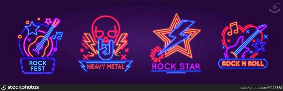 Glowing neon signboards for rock festival, band or club logo. Light sign for rock n roll music party with punk skull and guitars vector set. Acoustic and electric musical instruments for heavy metal. Glowing neon signboards for rock festival, band or club logo. Light sign for rock n roll music party with punk skull and guitars vector set