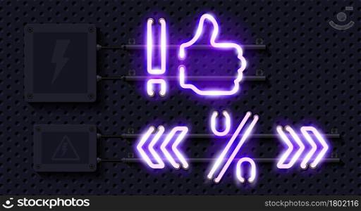 Glowing neon signs against a perforated black electrical wall. Exclamation mark, thumbs up, guillemet, percent sign. 3D realistic vector illustration on electric wall background.. Glowing neon signs against a black electrical wall. 3D realistic vector illustration