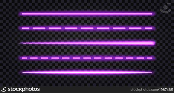 Glowing neon stick, purple LED light effect. Fluorescent laser beams, electric shiny line tubes. Isolated on dark transparent background. Vector illustration