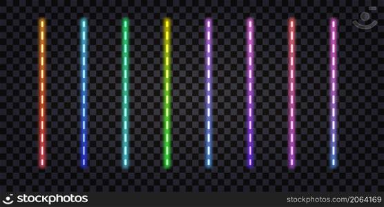 Glowing neon sticks, laser beams with electric light effect. Gradient fluorescent shiny rays, rainbow iridescent spectrum. Isolated dashed lines on dark background. Vector illustration