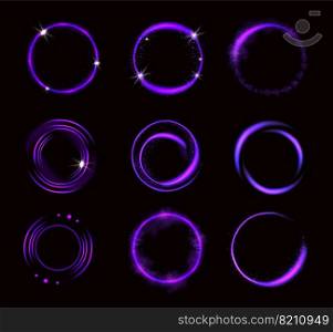 Glowing purple circles with sparkles, round frames, shiny borders with glitter or fairy dust, glow rings, fantasy design elements isolated on black background Realistic 3d vector illustration, set. Glowing purple circles with sparkles, round frames