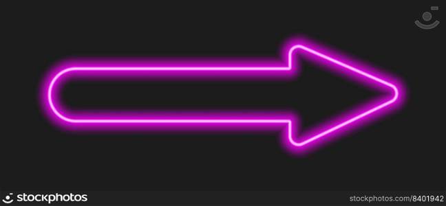 Glowing purple neon next arrow on dark background. Lightning direction sign on casino, cinema, motel. Vector realistic illustration.. Glowing purple neon next arrow on dark background. Lightning direction sign on casino, cinema, motel. Vector realistic illustration