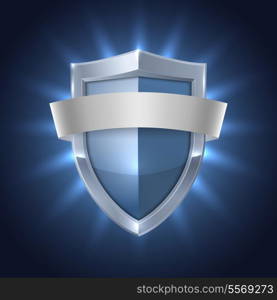 Glowing shield with blank ribbon safety badge on black isolated vector illustration