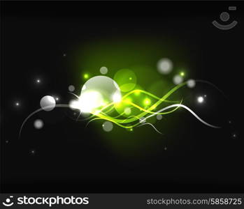 Glowing shiny bubbles and stars in dark space. Glowing shiny bubbles and stars in dark space. Vector illustration. Abstract background