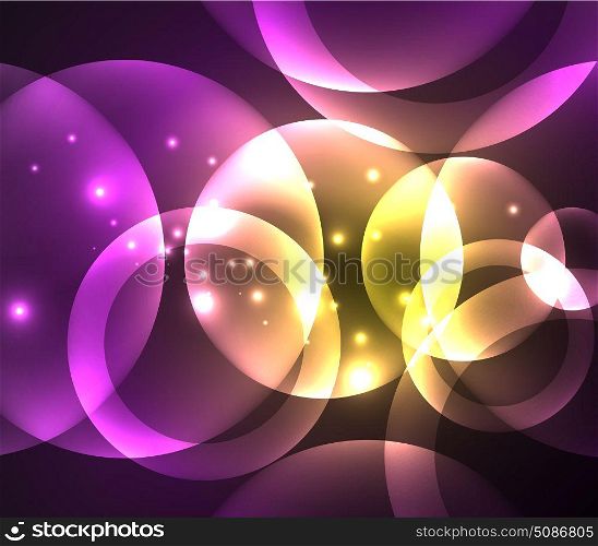 Glowing shiny overlapping circles composition on dark background. Glowing shiny overlapping circles composition on dark background, purple and yellow colors magic style light effects abstract design template