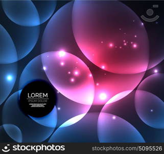 Glowing shiny overlapping circles composition on dark background. Glowing blue and purple colors shiny overlapping circles composition on dark background, magic style light effects abstract design template