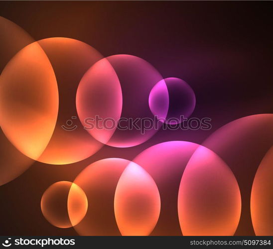 Glowing shiny overlapping circles composition on dark background. Glowing shiny overlapping circles composition on dark background, magic style light effects abstract design template