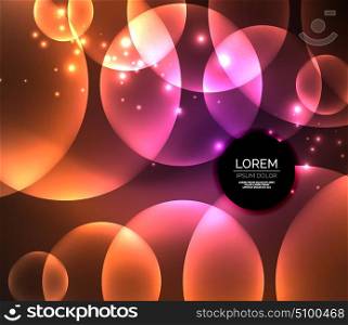 Glowing shiny overlapping circles composition on dark background. Glowing shiny overlapping circles composition on dark background, magic style light effects abstract design template