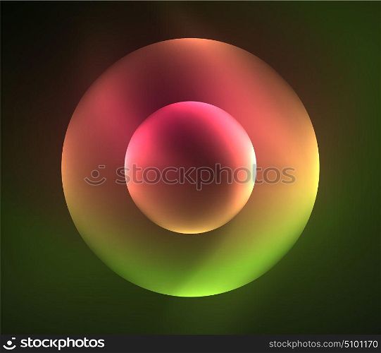 Glowing shiny overlapping circles composition on dark background. Glowing red and green color shiny overlapping circles composition on dark background, magic style light effects abstract design template