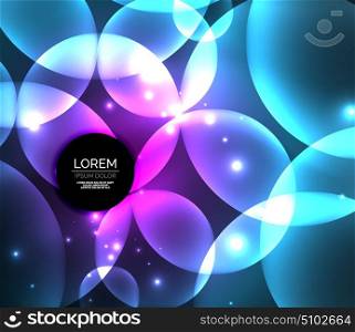 Glowing shiny overlapping circles composition on dark background. Glowing shiny overlapping circles composition on dark background, magic style light effects abstract design template
