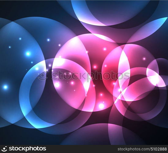 Glowing shiny overlapping circles composition on dark background. Glowing blue and purple colors shiny overlapping circles composition on dark background, magic style light effects abstract design template