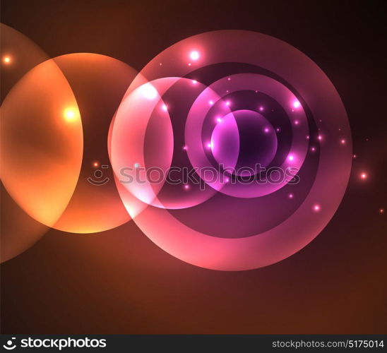 Glowing shiny overlapping circles composition on dark background. Glowing shiny overlapping circles composition on dark background, magic style light effects abstract design template