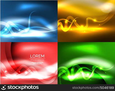 Glowing shiny wave backgrounds set. Set of glowing shiny wave backgrounds, vector energy concept illustrations