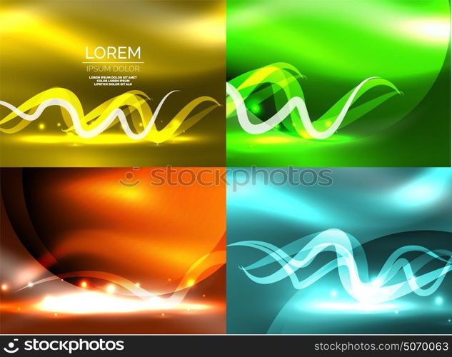 Glowing shiny wave backgrounds set. Set of glowing shiny wave backgrounds, vector energy concept illustrations