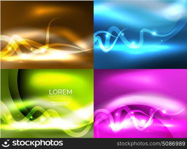 Glowing shiny wave backgrounds set. Set of glowing shiny wave backgrounds, vector energy concept illustrations