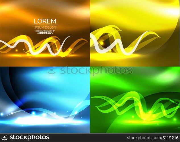 Glowing shiny wave backgrounds set. Set of glowing shiny wave backgrounds, vector energy concept illustrations