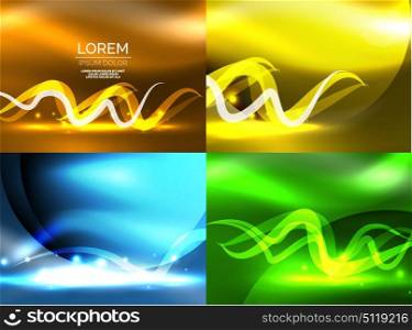 Glowing shiny wave backgrounds set. Set of glowing shiny wave backgrounds, vector energy concept illustrations