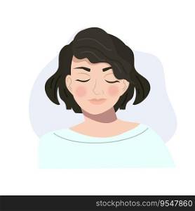Glowing Skin and Serenity concept. Portrait of Woman  with Bright Face, Close Eyes. Flat vector cartoon illustration
