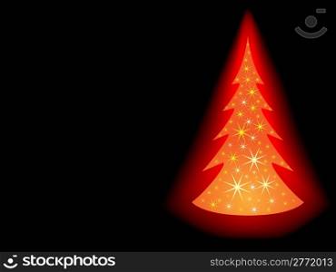 Glowing sparkling Christmas tree card with black background.